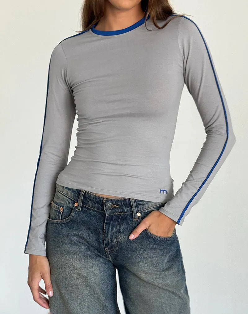 Bonija Long Sleeve Top in Grey with Cobalt Blue Piping sold by Motel Rocks