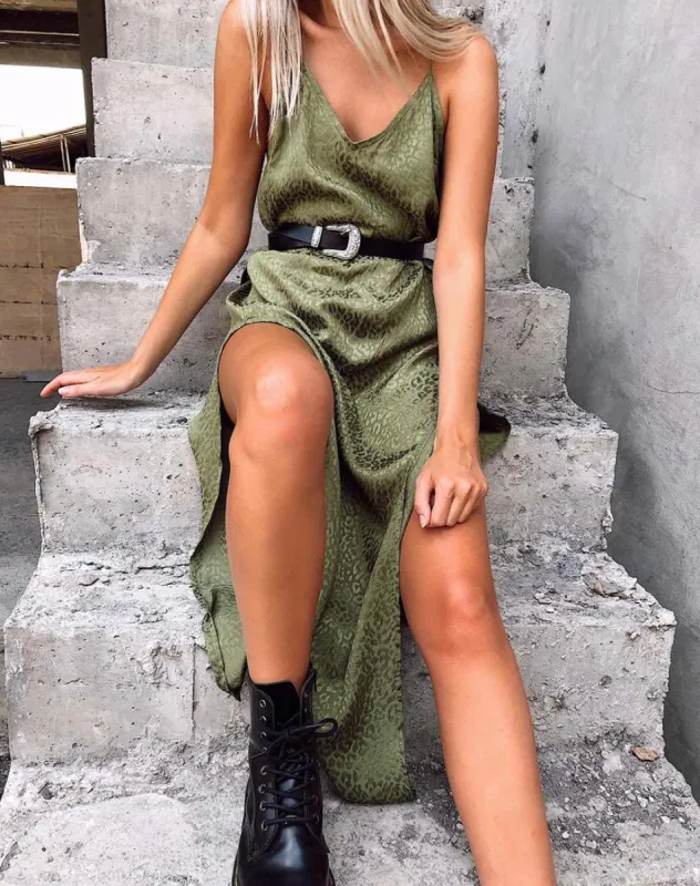 Hime Dress in Satin Cheetah Khaki sold by Motel Rocks