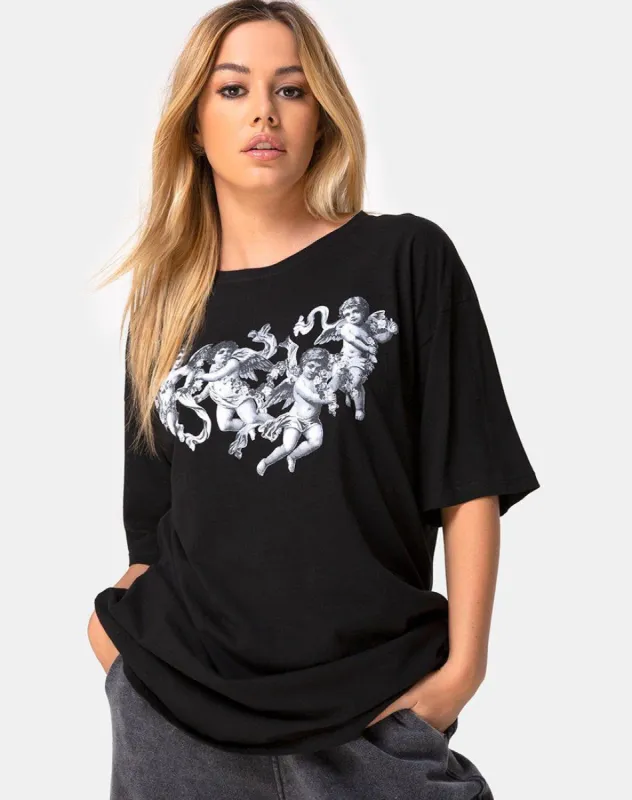 Sunny Kiss Tee in Black with Cherub sold by Motel Rocks