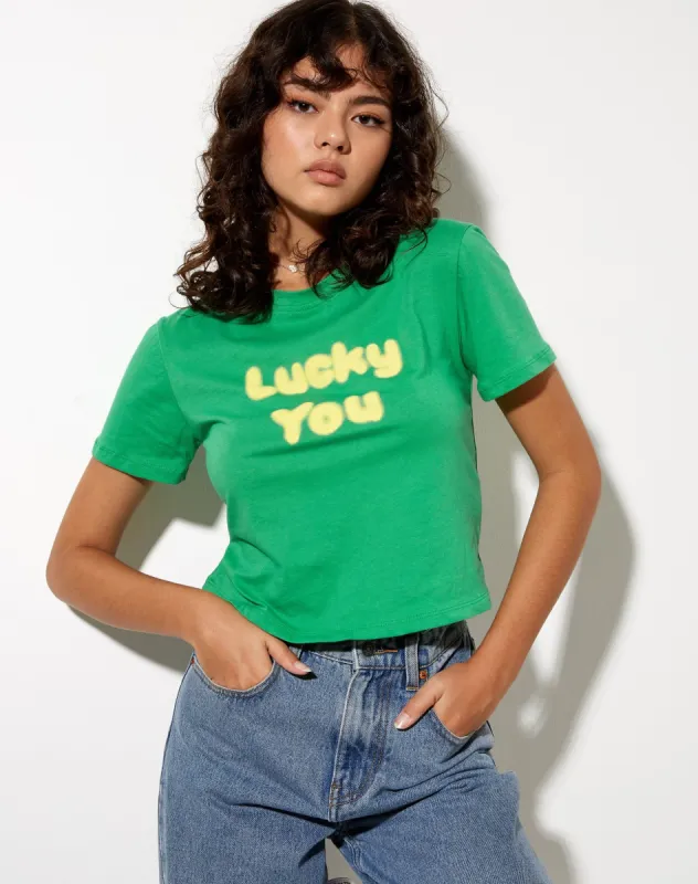 Shrunk Tee in Green Lucky you sold by Motel Rocks