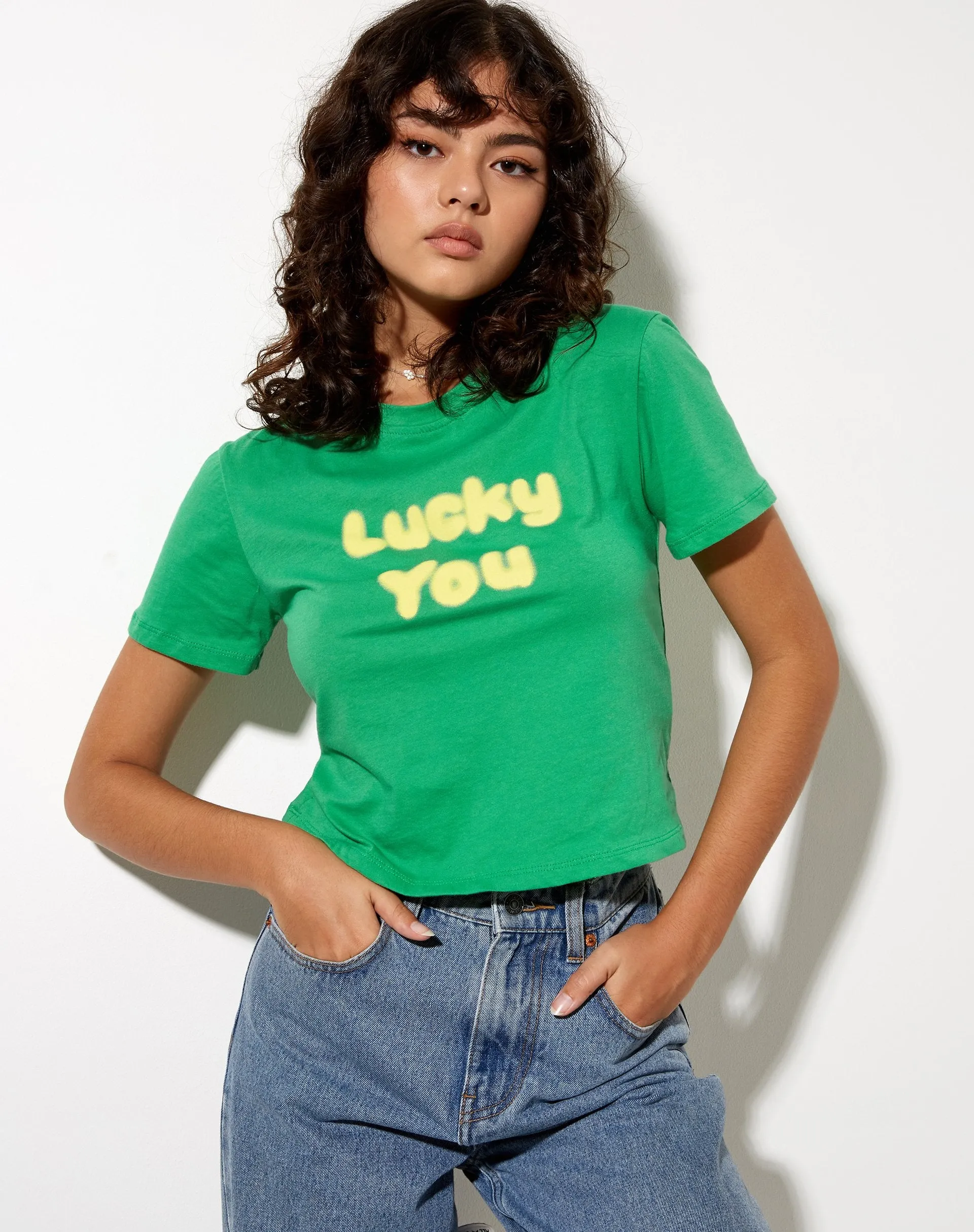 Shrunk Tee in Green Lucky you sold by Motel Rocks