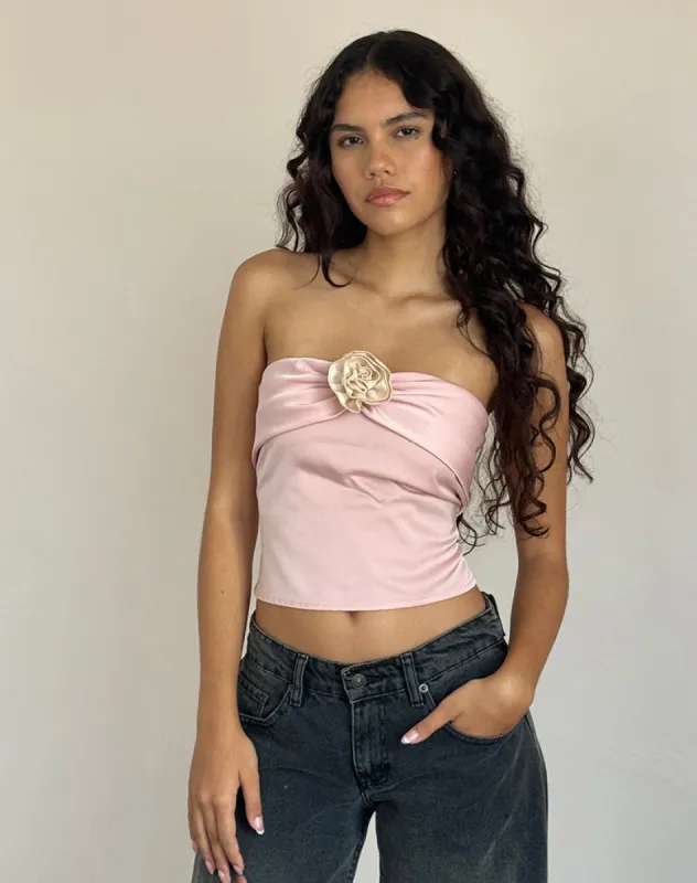 Astrum Satin Bandeau Top in Pink with Ivory Rose sold by Motel Rocks