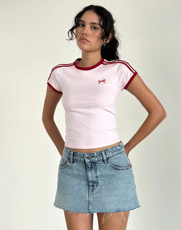 Salda Top in Light Pink with Adrenaline Red Binding and Bow Embroidery sold by Motel Rocks