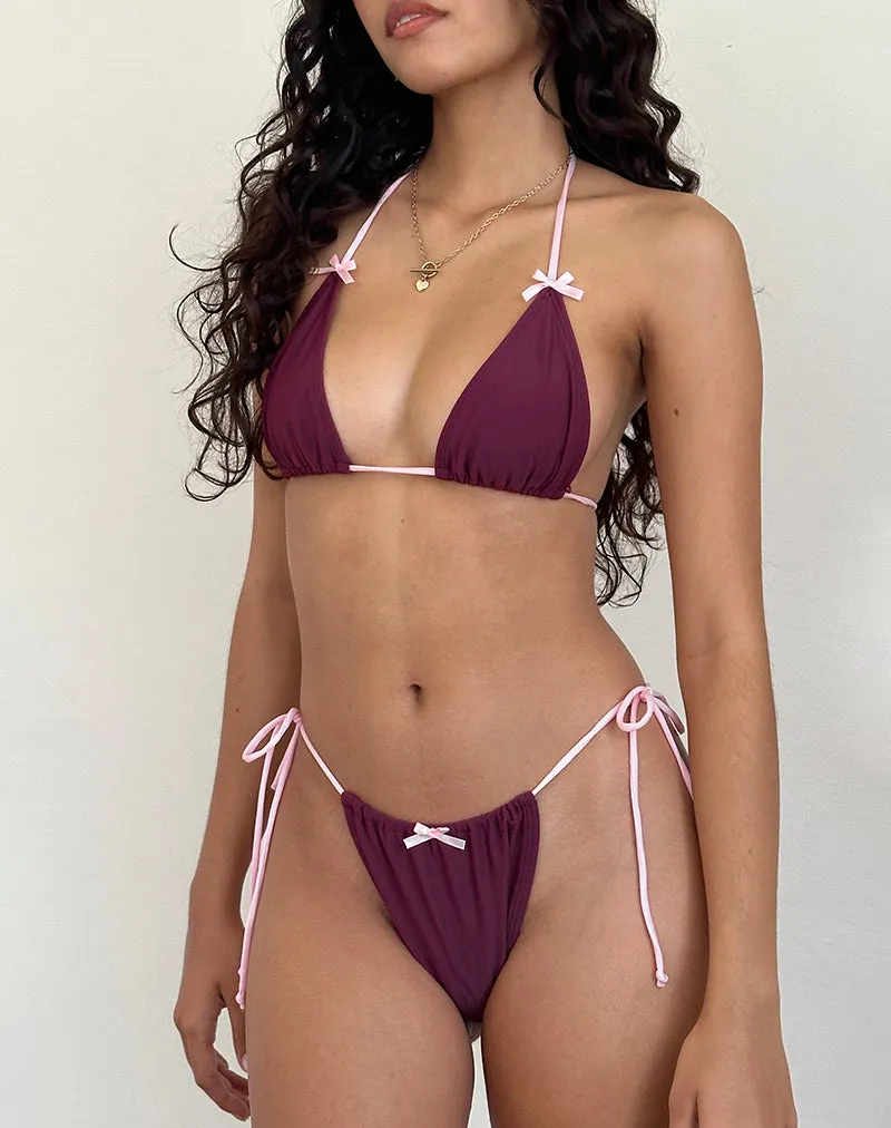 Leyna Bow Bikini Bottom in Wine with Sakura Pink Binding sold by Motel Rocks