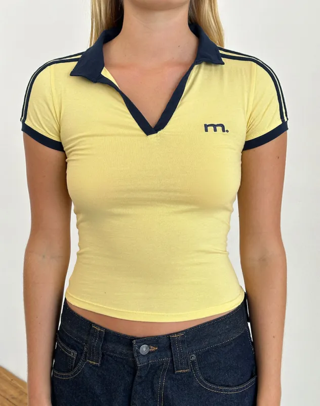 Isda Top in Lemonade with Navy Binding and M Emb sold by Motel Rocks