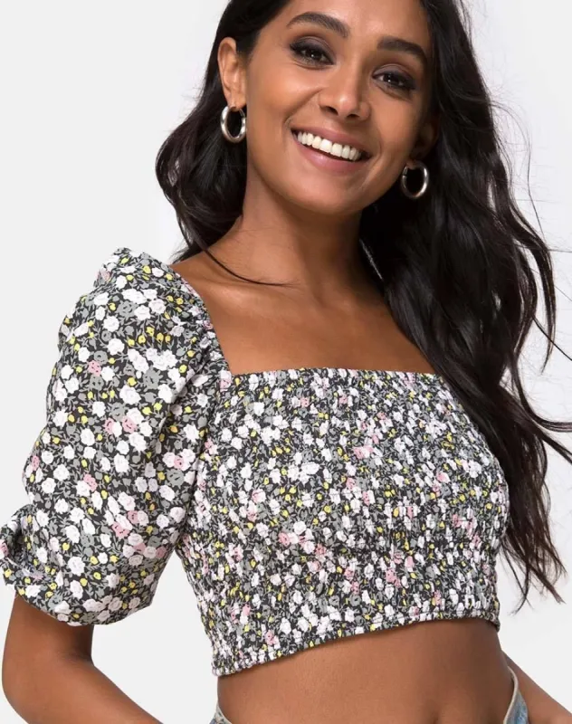 Lilian Crop Top in Floral Field Olive sold by Motel Rocks