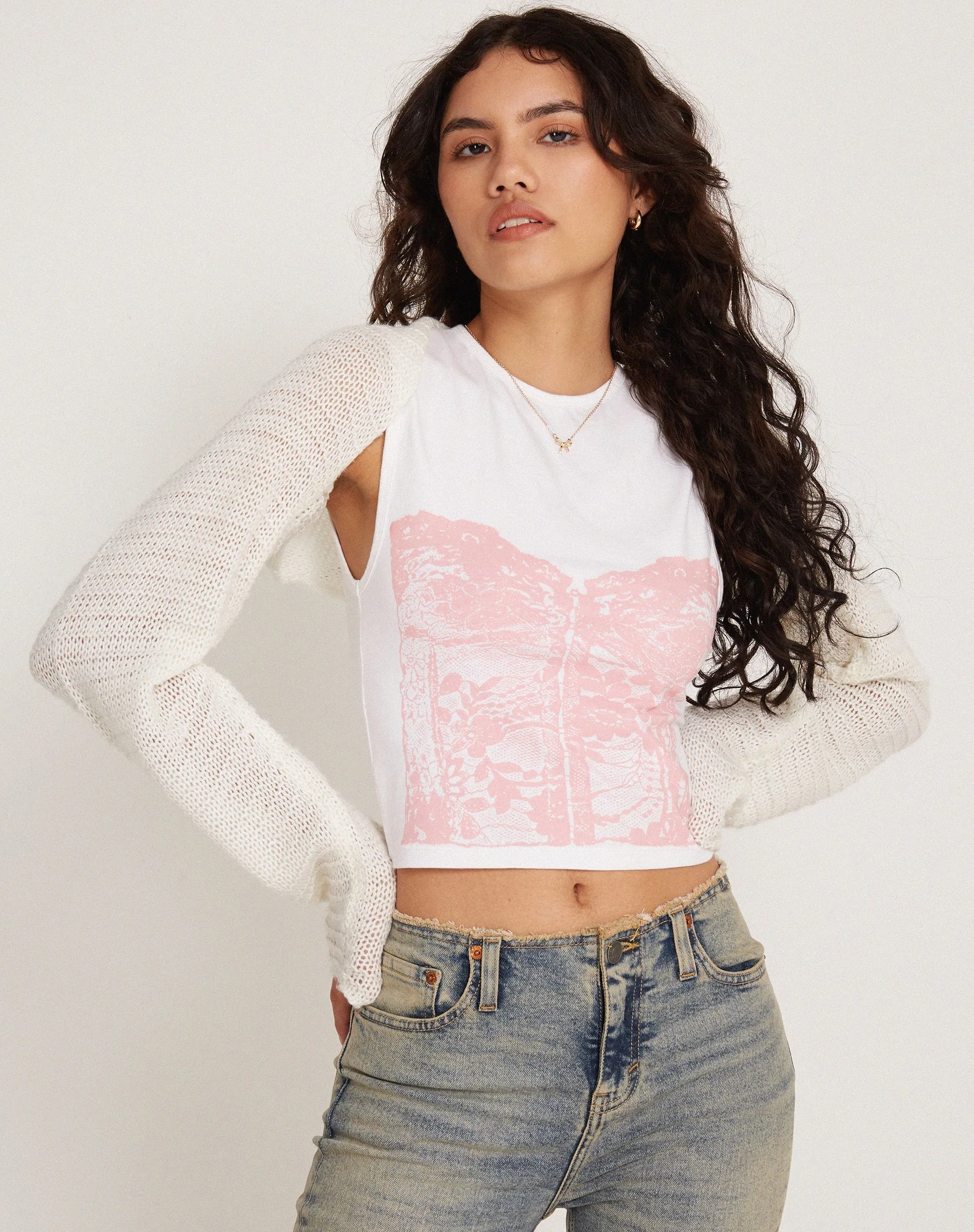 Monlo Vest Top in White Pink Corset Print sold by Motel Rocks product image thumbnail 3