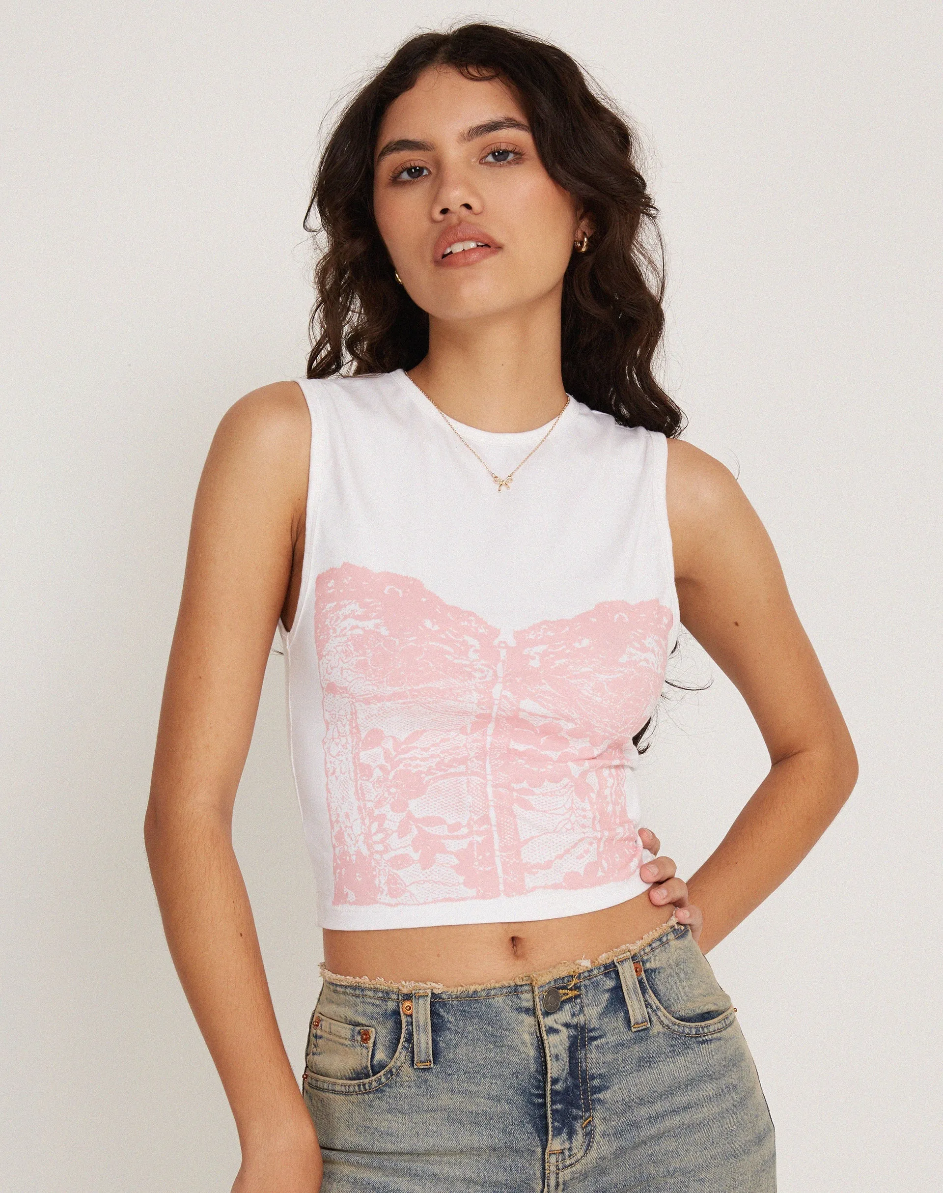 Monlo Vest Top in White Pink Corset Print sold by Motel Rocks