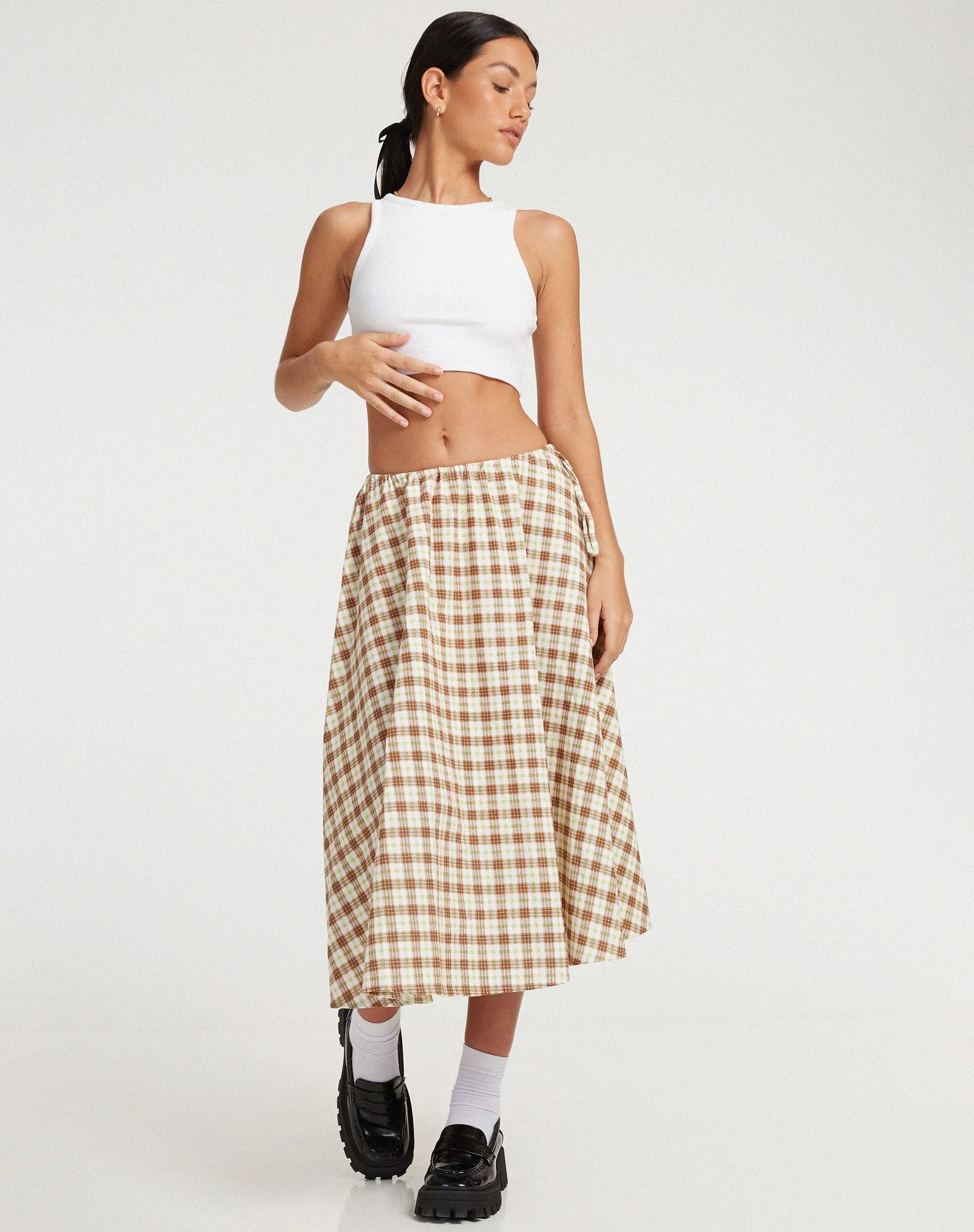Takara Midi Skirt in Yellow and Brown Check sold by Motel Rocks