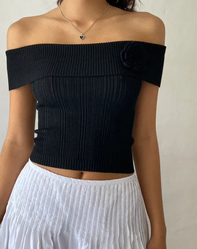 Brenda Knitted Bardot Top in Black with Rosette sold by Motel Rocks