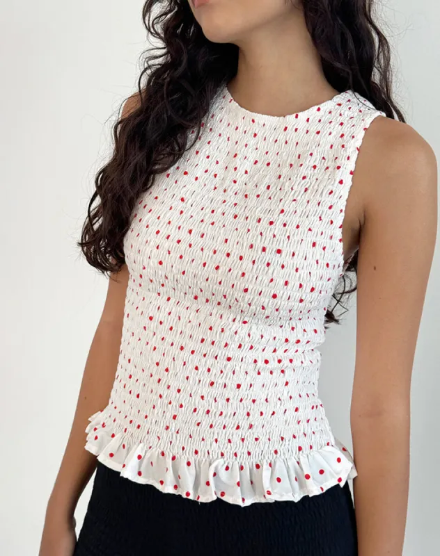 Birita Shirred Tank Top in White and Red Polkadot sold by Motel Rocks