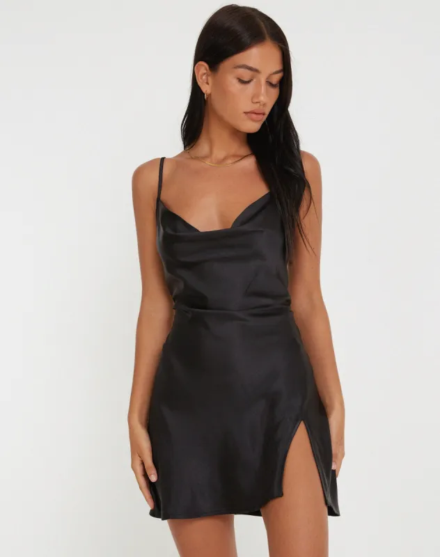 Parvani Slip Dress in Satin Black sold by Motel Rocks