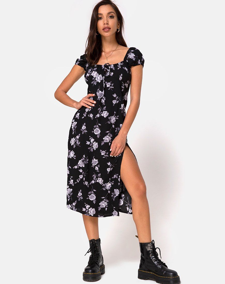 Milla Midi Dress in White Rose Black sold by Motel Rocks