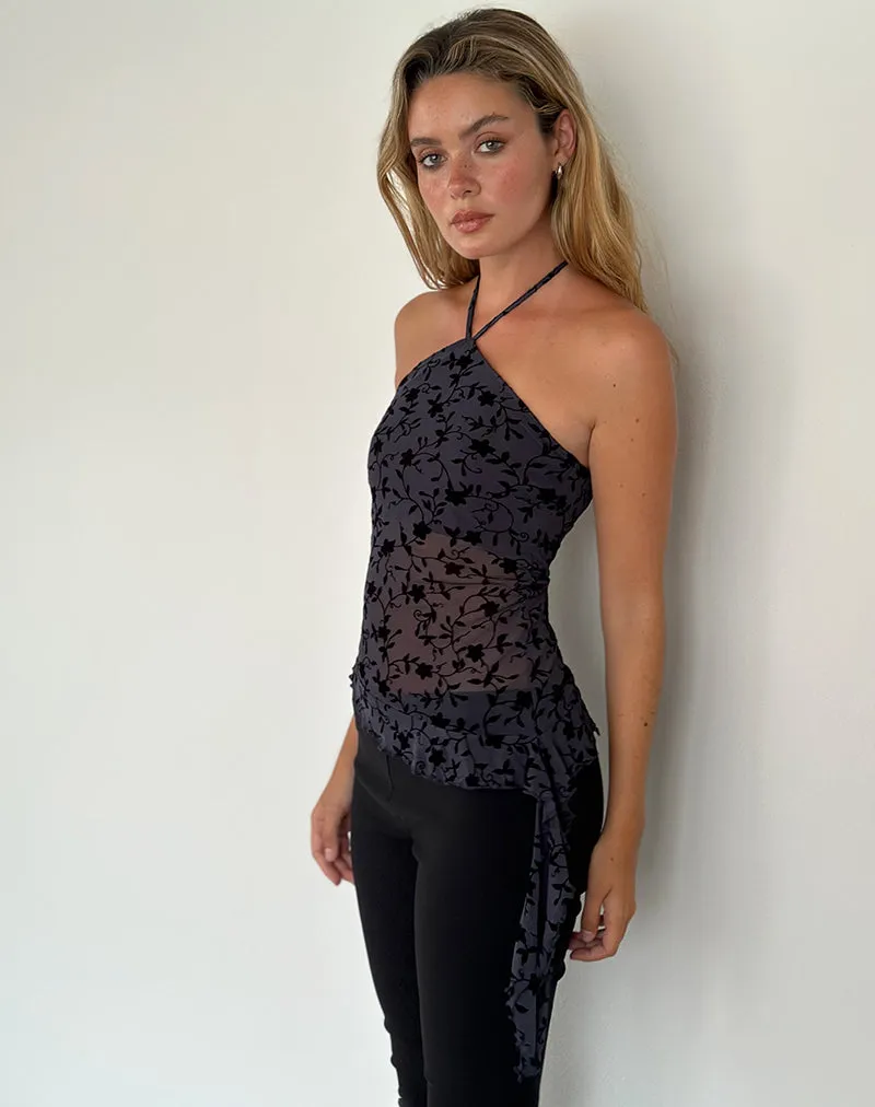 Arabella Halterneck Top in Pretty Petal Flock Navy sold by Motel Rocks product image thumbnail 3