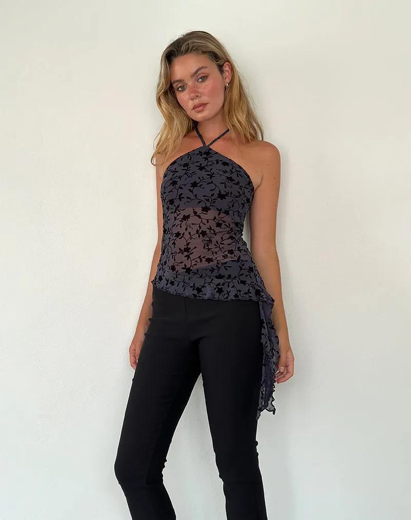Arabella Halterneck Top in Pretty Petal Flock Navy sold by Motel Rocks