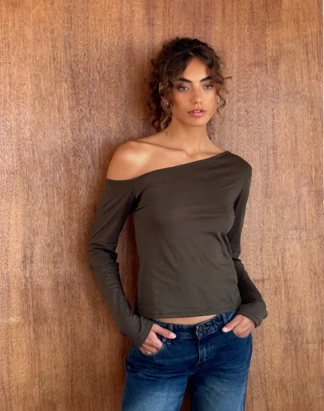 Ledez Asymmetrical Slouchy Top in Olive Tissue Jersey sold by Motel Rocks