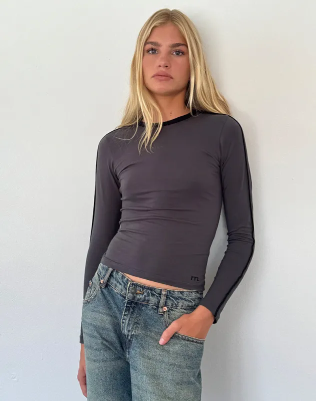 Bonija Long Sleeve Top in Beluga with Black Piping and M Embroidery sold by Motel Rocks