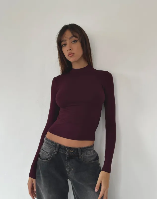 Mabel High-Neck Long Sleeve Ribbed Top in Oxblood sold by Motel Rocks
