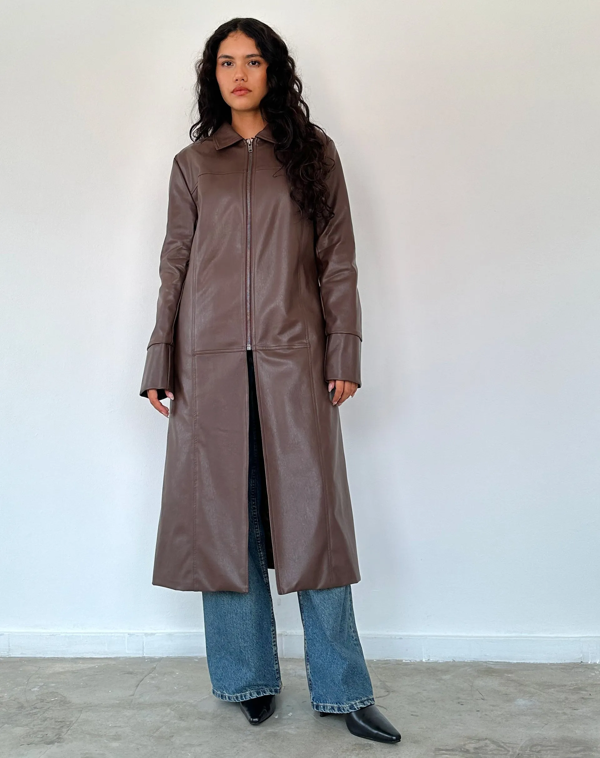 Berlin PU Trench Coat in Dark Brown sold by Motel Rocks product image thumbnail 3