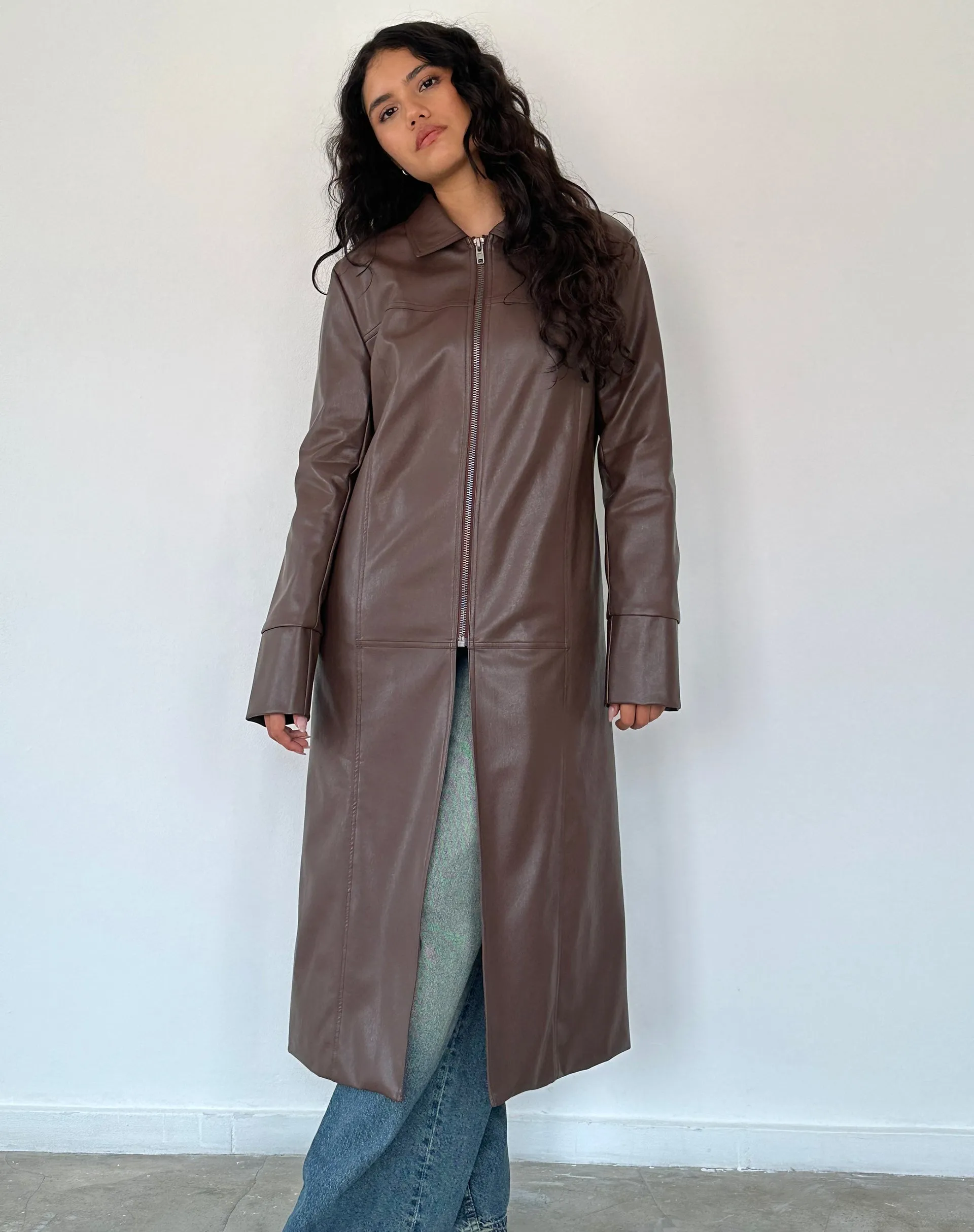 Berlin PU Trench Coat in Dark Brown sold by Motel Rocks product image thumbnail 2
