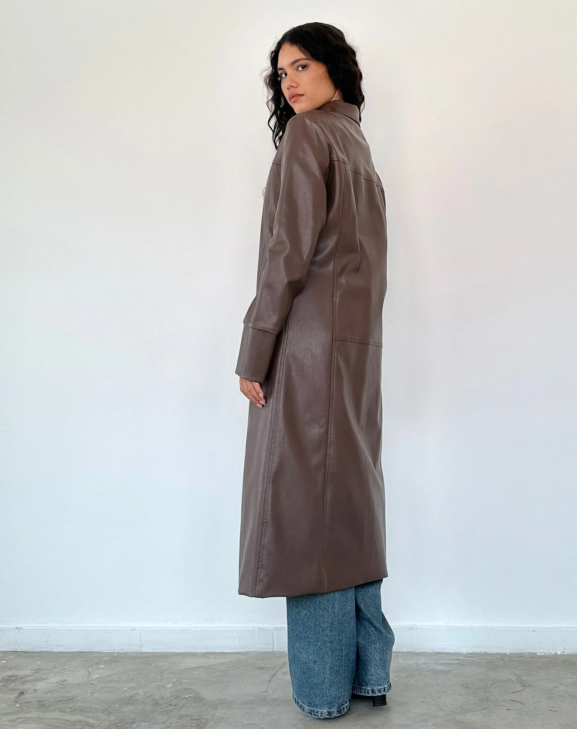 Berlin PU Trench Coat in Dark Brown sold by Motel Rocks product image thumbnail 4