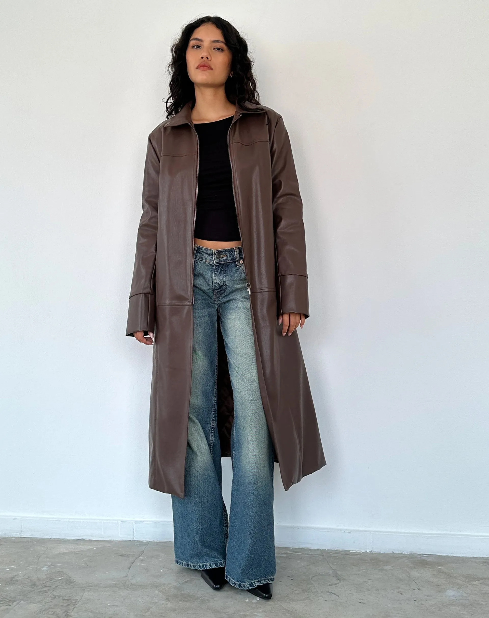 Berlin PU Trench Coat in Dark Brown sold by Motel Rocks