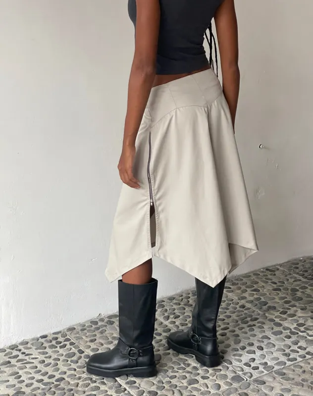 MOTEL X JACQUIE Karsyn Asymmetric Midi Skirt in Oat sold by Motel Rocks