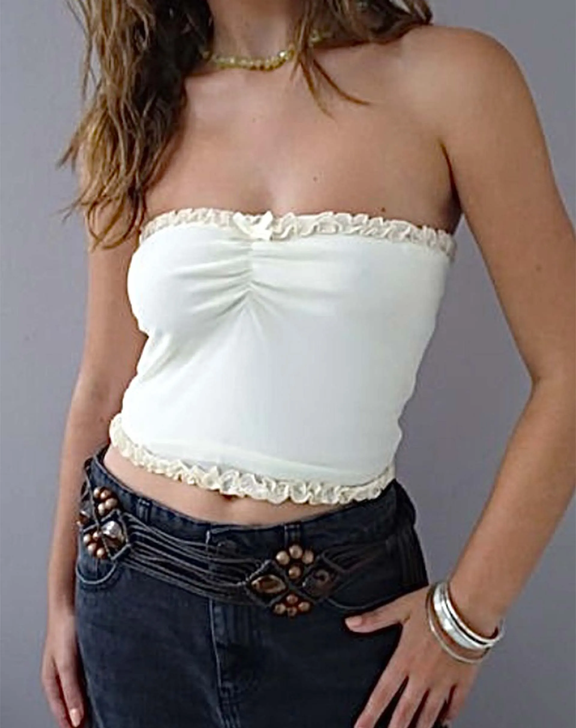 Jachai Frill Detail Bandeau Top in Off White sold by Motel Rocks product image thumbnail 2