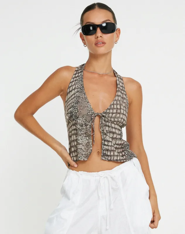 Roula Halter Top in Croc Neutral Grey sold by Motel Rocks