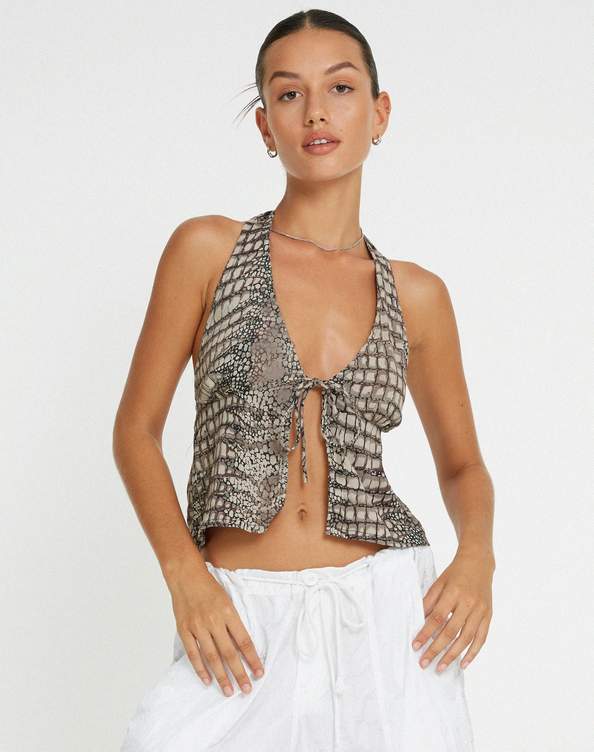 Roula Halter Top in Croc Neutral Grey sold by Motel Rocks product image thumbnail 5