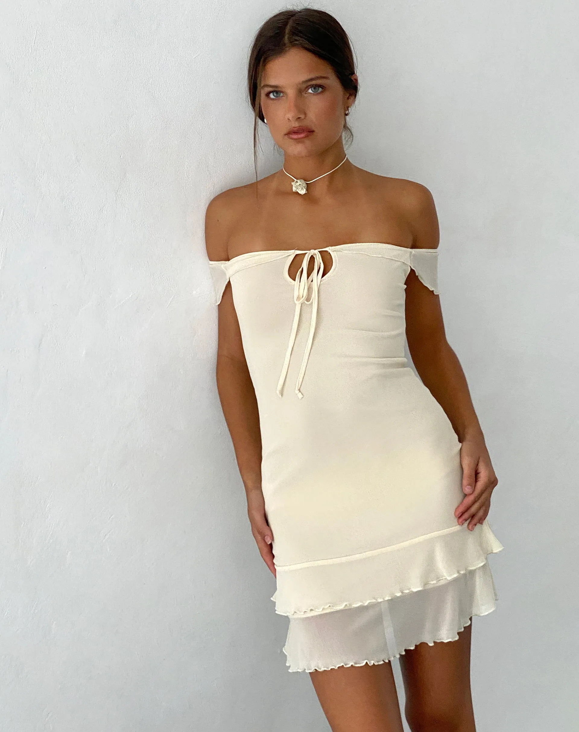 Valory Bardot Mini Dress in Ivory Mesh sold by Motel Rocks