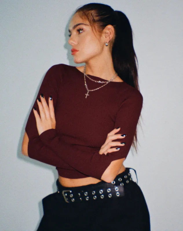 Tayon Long Sleeve Rib Top in Marron sold by Motel Rocks