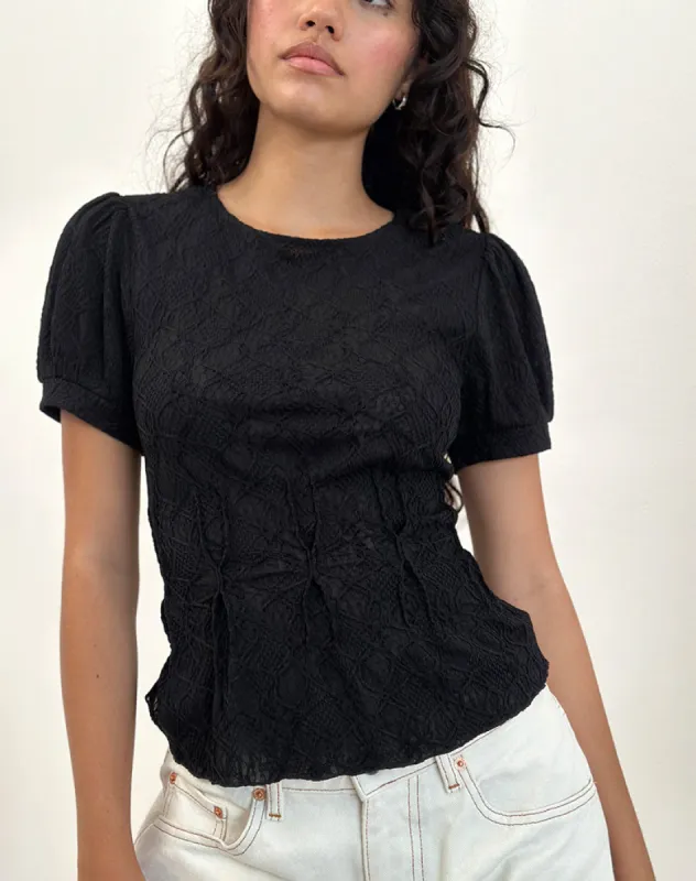 Jaina Puff Sleeve Top in Textured Black sold by Motel Rocks
