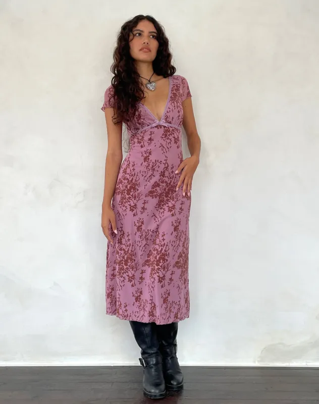 Vilinia Midi Dress in Abstract Botanic Mauve sold by Motel Rocks