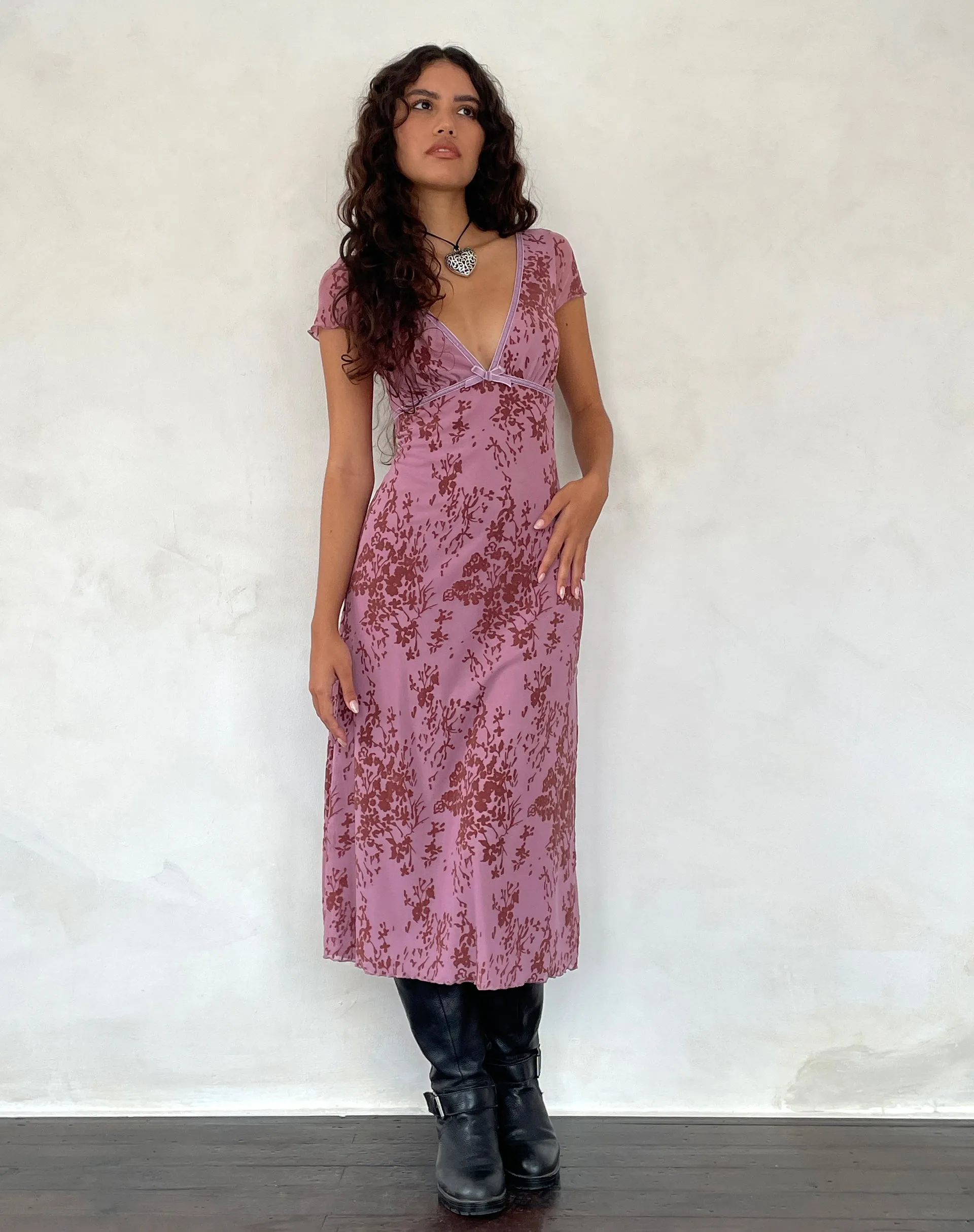 Vilinia Midi Dress in Abstract Botanic Mauve sold by Motel Rocks