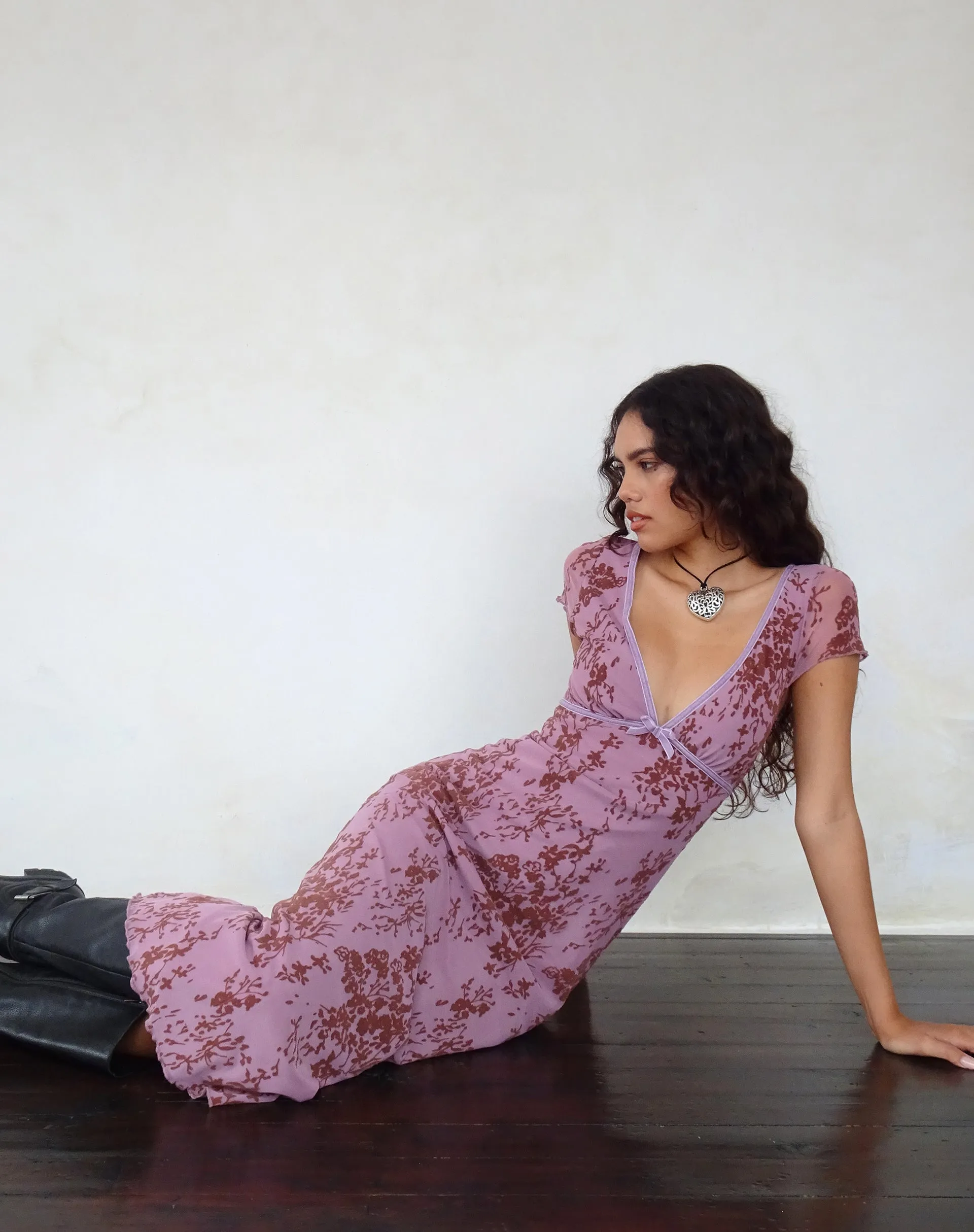 Vilinia Midi Dress in Abstract Botanic Mauve sold by Motel Rocks product image thumbnail 2