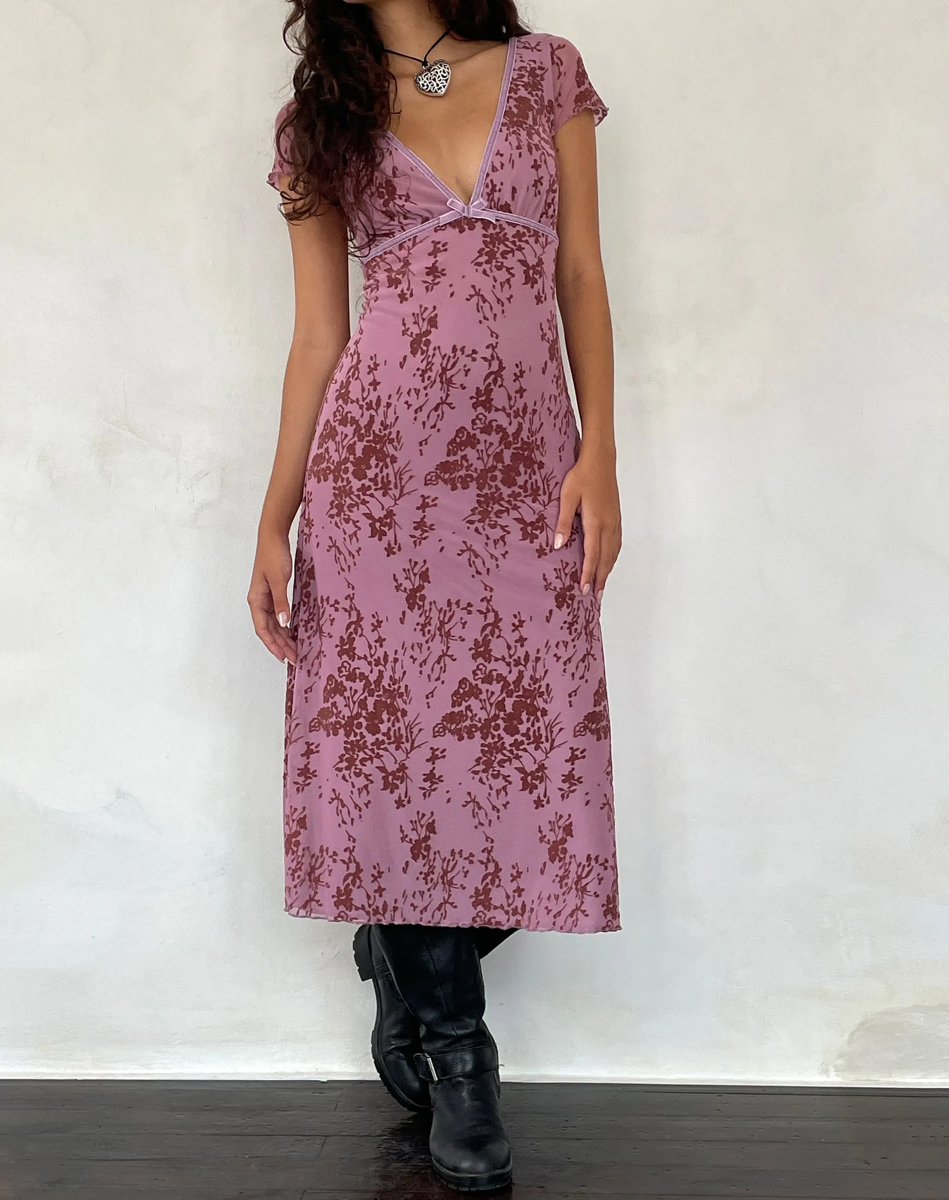 Vilinia Midi Dress in Abstract Botanic Mauve sold by Motel Rocks product image thumbnail 3