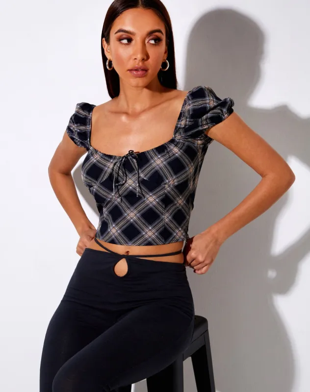 Mazu Top in 20's Check Black and Grey sold by Motel Rocks