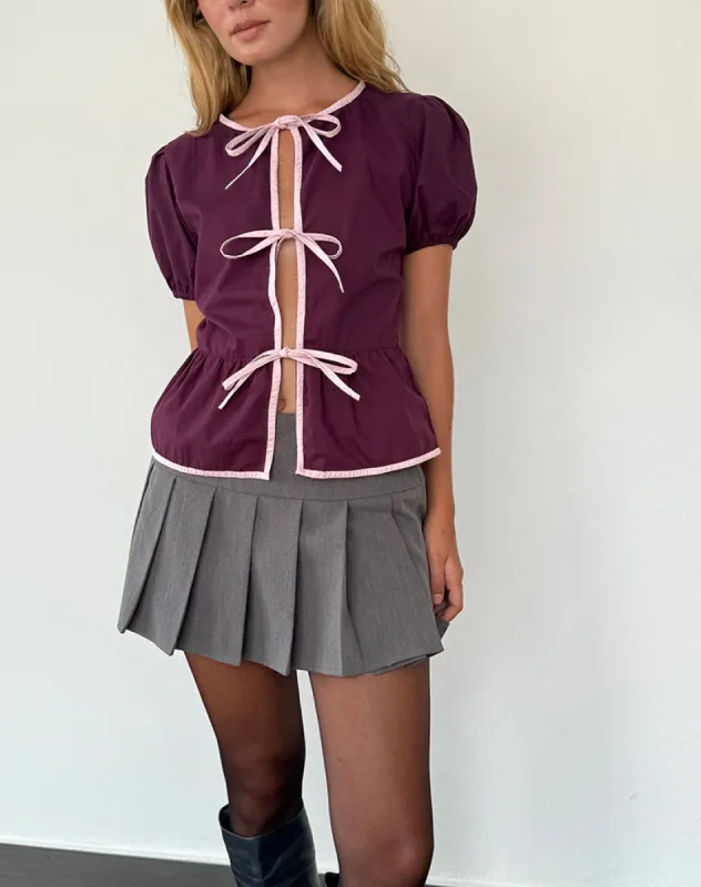 Ryota Tie Front Blouse in Oxblood with Pink Lady Binding sold by Motel Rocks