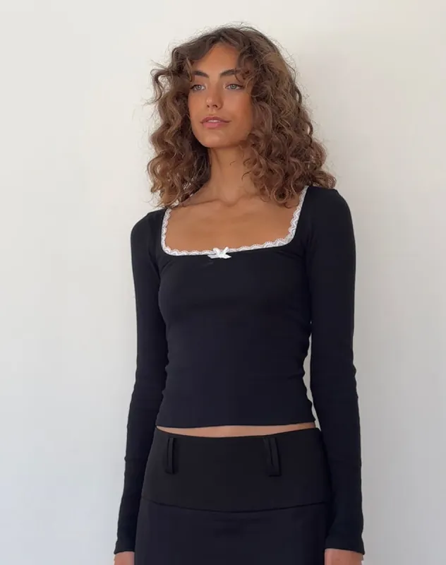 Bovita Long Sleeve Top in Black with Off White Trim sold by Motel Rocks