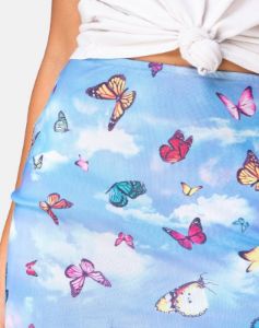 Kinnie Mini Skirt in Mesh Blue Butterfly sold by Motel Rocks