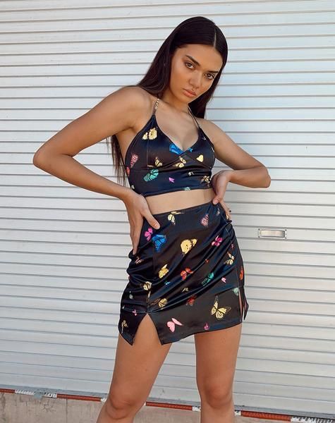 Zida Skirt in Satin Stretch Black Butterfly sold by Motel Rocks
