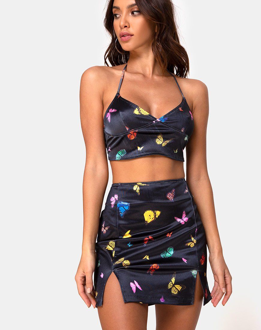 Zida Skirt in Satin Stretch Black Butterfly sold by Motel Rocks product image thumbnail 3
