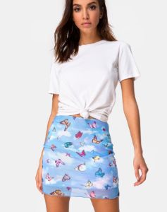 Kinnie Mini Skirt in Mesh Blue Butterfly sold by Motel Rocks