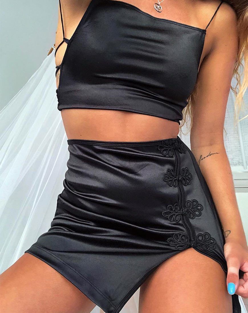 Shena Mini Skirt in Satin Black sold by Motel Rocks