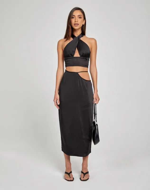 Gardy Midi Skirt in Satin Black sold by Motel Rocks