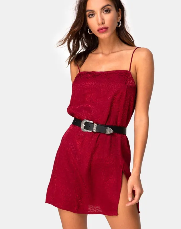 Datista Slip Dress in Satin Cheetah Raspberry sold by Motel Rocks