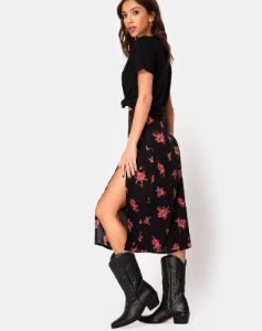 Saika Midi Skirt in Soi Rose Black and Red sold by Motel Rocks