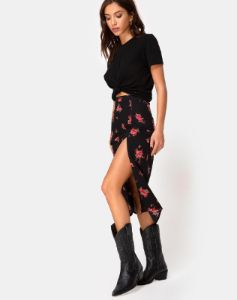 Saika Midi Skirt in Soi Rose Black and Red sold by Motel Rocks