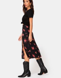 Saika Midi Skirt in Soi Rose Black and Red sold by Motel Rocks
